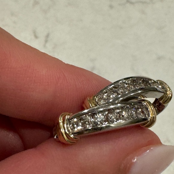 Omega-Back Two-Tone 14K gold Diamond Earrings - Picture 13 of 16